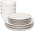 Gibson Elite Oyster Tide Embossed 12 Piece (Service for 4) Plates and Bowls Reactive Glaze Round Dishes Stoneware Ceramic Dinnerware Set, White by GibsonHomewares