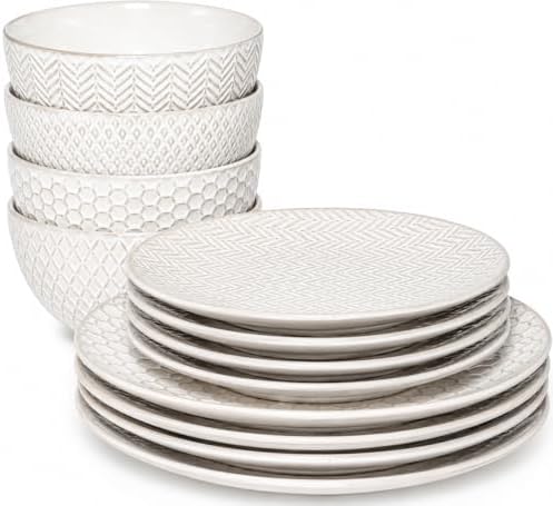 Gibson Elite Oyster Tide Embossed 12 Piece (Service for 4) Plates and Bowls Reactive Glaze Round Dishes Stoneware Ceramic Dinnerware Set, White by GibsonHomewares