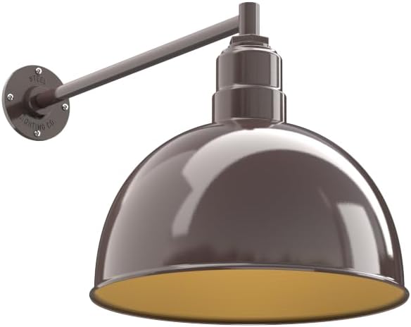 Steel Lighting Co. Hollywood Bowl Light | Outdoor Wall Mounted | 15 inch Bowl Dome | 20" Straight Arm | Barn Light Made in America | Dark Bronze Exterior/Brass Interior
