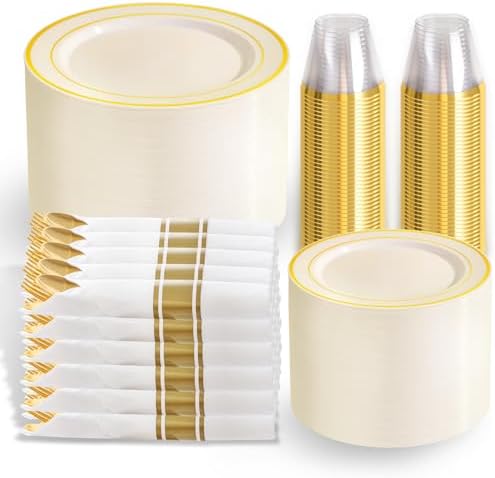 WELLIFE 350PCS Ivory Plastic Plates for 50 Guests -Thanksgiving Plates,Thanksgiving Decorations,Disposable Plate for Party and Wedding by WELLIFE