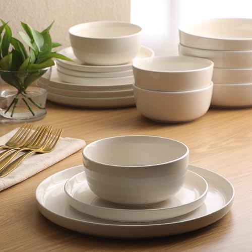 Gibson Home Serenity 16 Piece Modern Porcelain Dinnerware Set for 4, Linen White Plates and Bowls Set, Dinner Plates, Salad Plates, Pasta Bowls, Cereal Bowls - Image 6