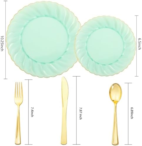 YOUBET 125PCS Clear Green Plastic Plates with Gold Rim for Wedding Party - Image 6