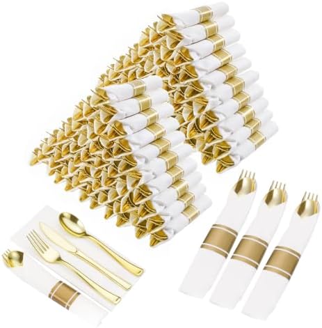 Goodluck 200 Pack Pre Rolled Gold Plastic Silverware, Wrapped Cutlery by GoodLuck