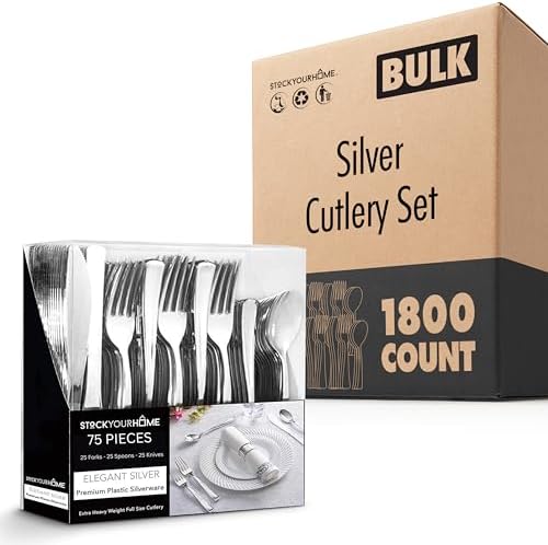 1800 Count Heavy Duty Silver Plastic Cutlery Set – 600 Forks, 600 Spoons, 600 Knives – Disposable Flatware for Parties, Weddings, Catering – Stock Your Home by StockYourHome