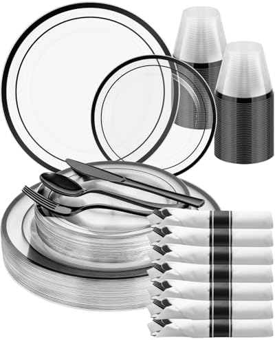 Goodluck 175 Pcs Disposable Clear and Black Party Plate Cup Napkin Sets by GoodLuck