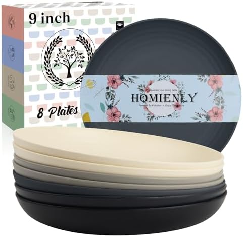 Homienly Wheat Straw Plates Set of 8, Reusable Lightweight and Unbreakable 9 inch Plates, Premium Microwave and Dishwasher Safe Plates for Kitchen, Camping, Picnic, Party - GreyStone by HOMIENLY