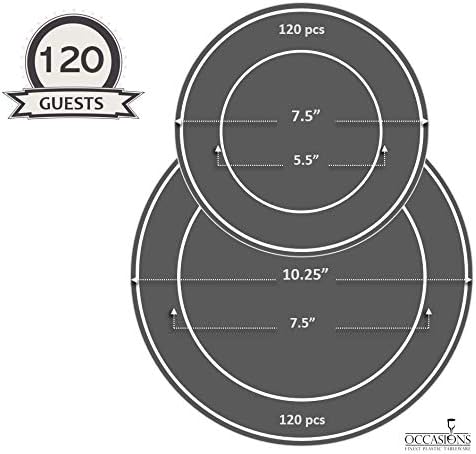 " OCCASIONS " 240 Plates Pack,(120 Guests) Premium Wedding Party Disposable Plastic Plates Set -120 x 10.25'' Dinner + 120 x 7.5'' Salad/Dessert (Dali, White & Gold)
