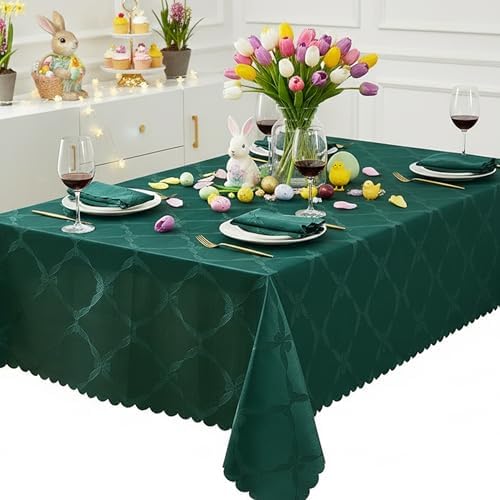 Newbridge Rectangle Tablecloth, 60 x 102 Inch, Ribbons and Bows Damask, Wrinkle and Stain Resistant Fabric Table Cloth, Holiday Evergreen - Image 2