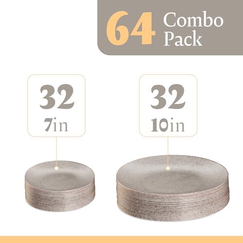 PLASTICPRO 64 Pack Elegant Disposable Plastic Plates Combo Set Includes 32 Dinner Plates and 32 Salad Plates Heavy Duty Fancy Party Plates Grey Granite Plates with Gold rim - Image 4