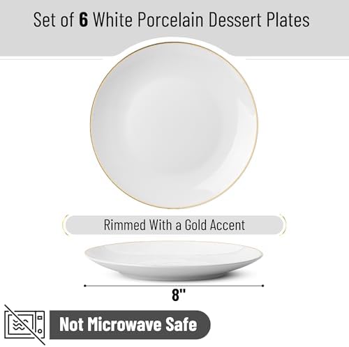 BTaT- White Dessert Plates with Gold Rim, Set of 6, 8" Round, Porcelain, Elegant Style, Dinner Plates (Pack of 2) - Image 2