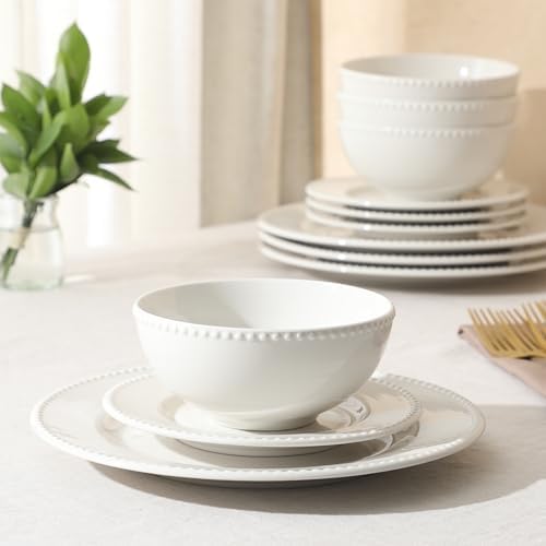 Gibson Home Caviara Plates and Bowls Set, 12-Piece Dinnerware Set, White Round Beaded Rim Ceramic Dish Set, Dinner Plates, Salad Plates & Cereal Bowls - Image 3
