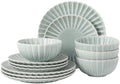 Gibson Elite Peach Orchard 12-Piece New Bone China Dinnerware Set Service for 4, Embossed Fluted Plates and Bowls, Dishwasher and Microwave Safe, Aqua Blue by GibsonHomewares