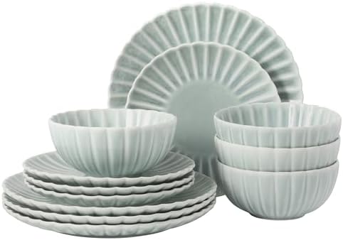 Gibson Elite Peach Orchard 12-Piece New Bone China Dinnerware Set Service for 4, Embossed Fluted Plates and Bowls, Dishwasher and Microwave Safe, Aqua Blue by GibsonHomewares