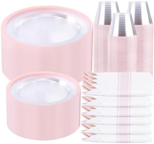 I00000 210 Clear Pink Plastic Plates Set, Pink Disposable Plates for Party by I00000