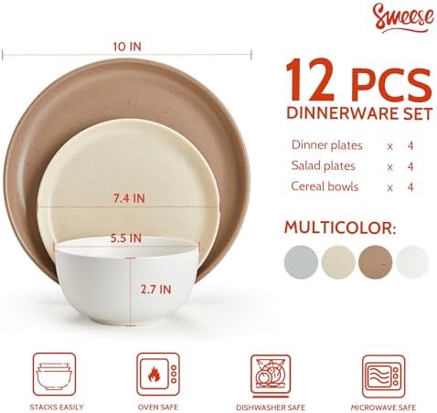 Sweese Dinnerware Sets Service for 4, 12 pcs Matte Speckled Glaze Plates and Bowls Sets, Handmade Ceramic Dish Set, Highly Chip and Crack Resistant Modern Plate Set, Multi-color - Image 2