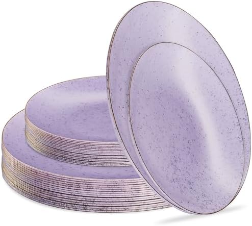 PLASTICPRO 32 Pack Elegant Disposable Plastic Plates Combo Set Includes 16 Dinner Plates and 16 Salad Plates Heavy Duty Fancy Party Plates Purple Granite Plates with Gold rim by PLASTICPRO
