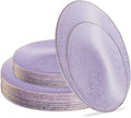 PLASTICPRO 32 Pack Elegant Disposable Plastic Plates Combo Set Includes 16 Dinner Plates and 16 Salad Plates Heavy Duty Fancy Party Plates Purple Granite Plates with Gold rim by PLASTICPRO