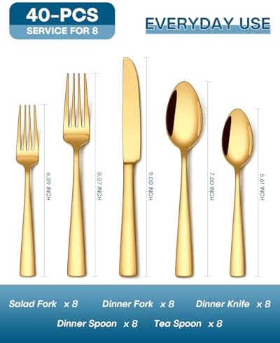 Stapava 40 Pcs Gold Silverware Set, Food-Grade Stainless Steel Flatware Sets for 8 Mirror Polished Cutlery Utensil Sets Include Dinner Knives Spoons and Forks Set Dishwasher Safe for Home Restaurant - Image 2