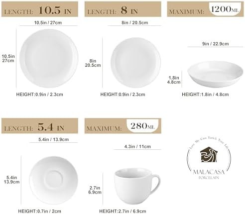 MALACASA 30-Piece Porcelain Dinnerware Set, White Round Dish Set for 6 - Image 2