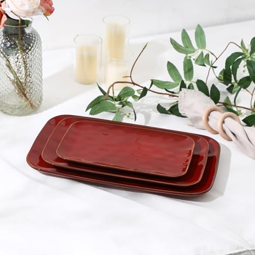 vicrays Ceramic Rectangle Serving Platters - 14" 12" 10" Porcelain Serving Trays Plates for Party BBQ Appetizers Sushi Dessert - Microwave Oven and Dishwasher Safe - Set of 3 -Cherry Red - Image 7