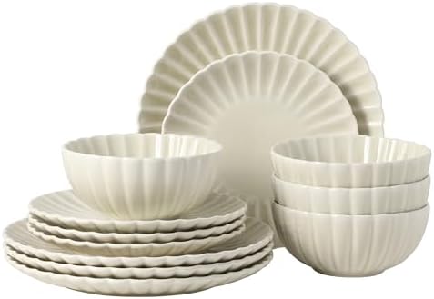 Gibson Elite Peach Orchard 12-Piece New Bone China Dinnerware Set Service for 4, Embossed Fluted Plates and Bowls, Dishwasher and Microwave Safe, Cream White by GibsonHomewares