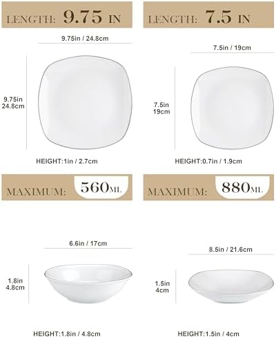 MALACASA Dinnerware Sets, 24 Piece Porcelain Square Dishes, White with Silver Rim Plates and Bowls Sets, Ceramic Dish Set for 6, Chip Resistant Dishware Sets, Series ELISA - Image 2