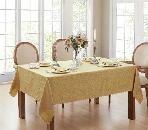 Newbridge Portofino Scalloped Damask Fabric Tablecloth, 52 x 52 Inch Square, Gold, Wrinkle and Stain Resistant Fine Dining Holiday Party Table Cover by HomeBargainsPlus