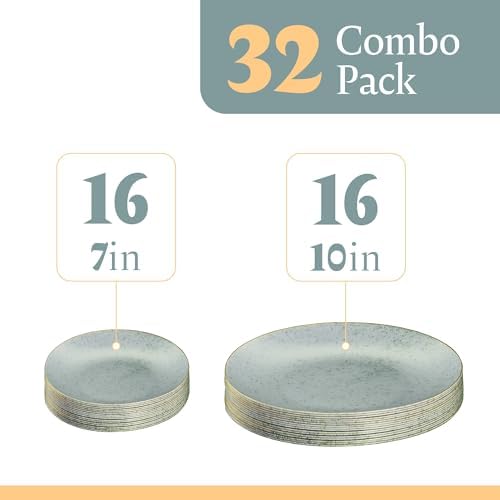 PLASTICPRO 32 Pack Elegant Disposable Plastic Plates Combo Set Includes 16 Dinner Plates and 16 Salad Plates Heavy Duty Fancy Party Plates Green Granite Plates with Gold rim - Image 4