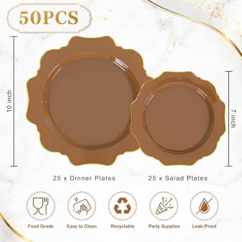 WDF 50PCS Brown and Gold Plastic Plates - Mocha Plates Disposable for Party - Image 3