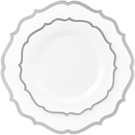 PLASTICPRO 64 Pack Elegant Disposable Plastic Plates Combo Set Includes 32 Dinner Plates and 32 Salad Plates Heavy Duty Fancy Party Plates White & Silver Contemporary Design - Image 4