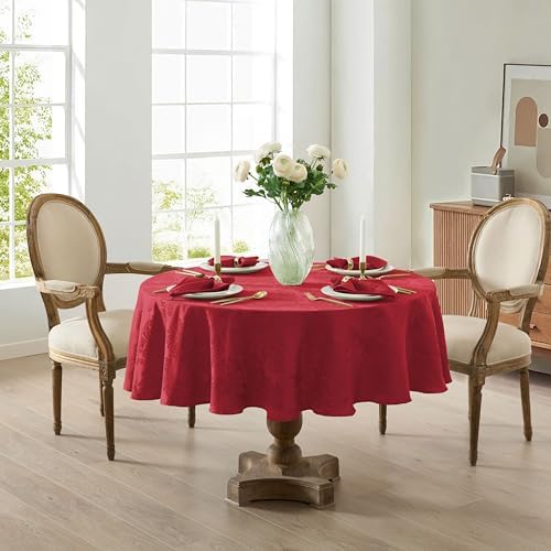 Newbridge Barcelona Damask Fabric Tablecloth, 90 Inch Round, Red – No Iron, Soil Resistant Table Cover for Dining, Parties and Holidays - Image 2