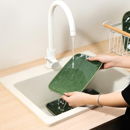 vicrays Ceramic Rectangle Serving Platters - 14" 12" 10" Porcelain Serving Trays Plates for Party BBQ Appetizers Sushi Dessert - Microwave Oven and Dishwasher Safe - Set of 3 Green - Image 5