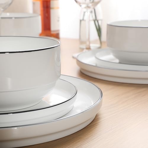 Gibson Home Rothernberg Plates and Bowls 18 Piece Porcelain White Dinnerware Set W/Black Rim | Stackable Dishes | Microwave & Dishwasher Safe - Image 5