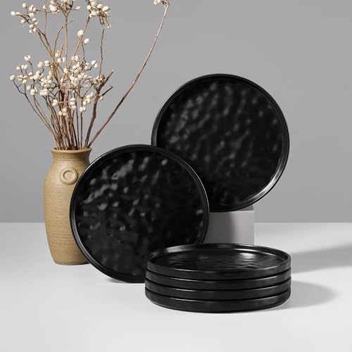 HaWare Stoneware Plates Set of 6, 7.9" Salad Plates, Reactive Glaze Ripple Ceramic Dish Set for Appetizer, Dessert, Scratch Resistant, Small Dinner Plate, Microwave and Dishwasher Safe, Matte Black by HaWare