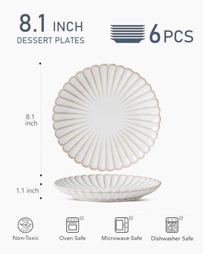 Ceramic 8 inch Salad Plates, Set of 6, Microwave & Dishwasher Safe, Vintage Farmhouse Small Dinner, Dessert Plates for Kitchen , Cake Serving Stoneware Dishes Housewarming Gift (8 inch, Petal) - Image 3