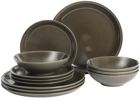Gibson Elite 12 Piece (Service for 4) Lakecrest Plates and Bowls Reactive Glaze Round Dishes Stoneware Ceramic Dinnerware Set - Dark Green by GibsonHomewares