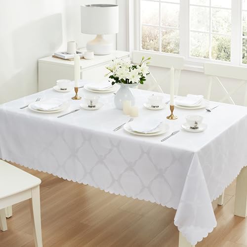 Newbridge Holiday Ribbons Bows White 60 x 84 Rectangle Tablecloth | Thanksgiving Christmas Jacquard Damask Table Cover, Water Stain Wrinkle Resistant, Winter Formal Dinner Party Dining Décor - Image 5