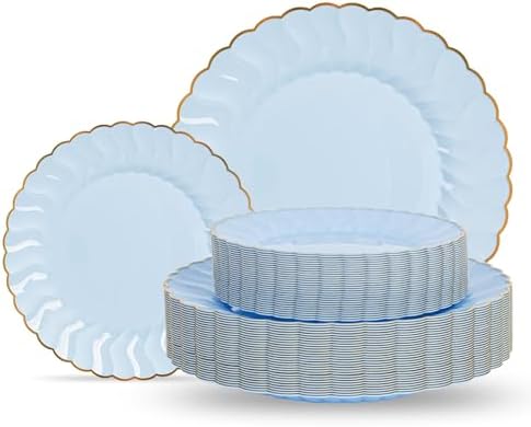 Lullaby 60PCS Light Blue Scalloped Plastic Plates with Gold Rim for Party by LULLABY