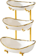 jessie 3 Tier Fruit Bowls for Kitchen Counter,Ceramic Large Fruit Basket Stand,Metal Fruit Serving Tray Snacks Nuts Cake Storage Holder (Gold 1)