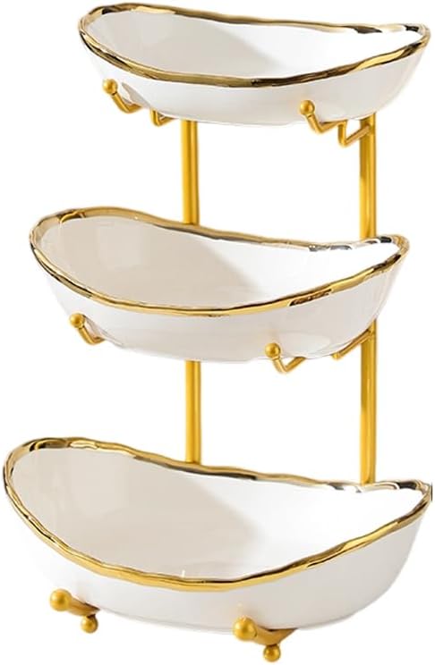 jessie 3 Tier Fruit Bowls for Kitchen Counter,Ceramic Large Fruit Basket Stand,Metal Fruit Serving Tray Snacks Nuts Cake Storage Holder (Gold 1)