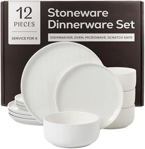 Joseph Sedgh Collection Durable Stoneware Dinnerware Set with Reactive Glaze Finish, 12-Piece, Kai White by JosephSedghCollection