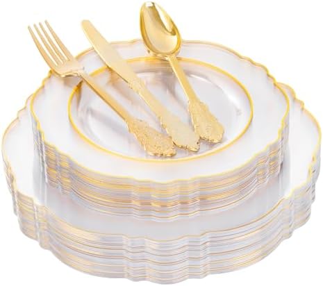 YOUBET 125PCS Clear Gold Plastic Plates for Thanksgiving Party Wedding by YOUBET