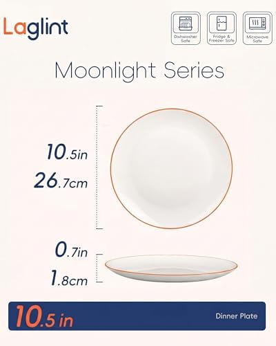 LaGlint 10.5 Inch Dinner Plate Set of 6, Orange Rim Opal Glass Plates - Image 6