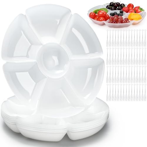 Zhehao 6 Pcs Plastic Divided Serving Trays with 60 Pcs Disposable Fork, 7 Compartments Round Chip Dip Plate, Petal Shape Platter, 10.6'' Snacks Serving Dish for Party Candy Nuts Fruits (White) by Zhehao