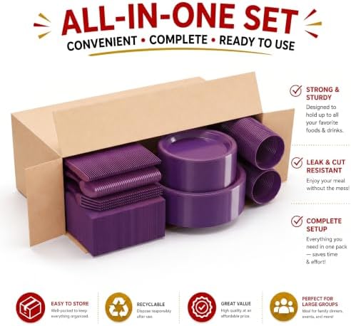 350 Pcs Purple Plastic Plates for Party Purple Disposable Plates Set 50 of Each 9 Dinner Plate Set 7 Dessert Plate Cups Napkins & Cutlery Plastic Dinnerware Set Exquisite - Image 5