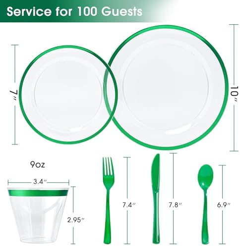 N9R 600PCS Clear Green Plastic Plates, Disposable Dinnerware Set for Party - Image 2
