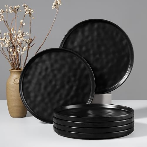 HaWare Stoneware Dinner Plates Set of 6, 10" Heavy Duty Ceramic Plate, Reactive Glaze Ripple Dinnerware for Home Restaurant, Chip and Scratch Resistant, Microwave and Dishwasher Safe, Matte Black by HaWare