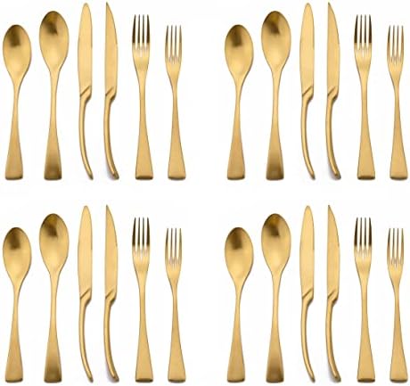 Golden Silverware Set, 24 Pieces Stainless Steel Eating Utensil Set with Gift Box, Include Knife, Forks and Spoons, Matte Polished Flatware Set for 4, Dishwasher Safe, Gold by Uniturcky