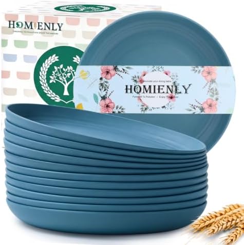 Homienly Unbreakable Salad Plates 12 PCS Wheat Straw Deep Plates 9 Inch Plastic Plates for Dessert, Bread & Butter, Breakfast Kitchen Plates for Camping Microwave & Dishwasher Safe Plates (Blue) by HOMIENLY