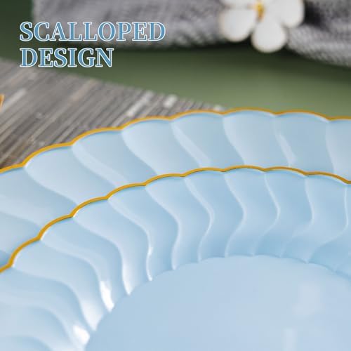 Lullaby 60PCS Light Blue Scalloped Plastic Plates with Gold Rim for Party - Image 3
